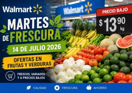 Fresh fruits and vegetables displayed during Walmart Mexico's Martes de Frescura promotion on July 14, 2026