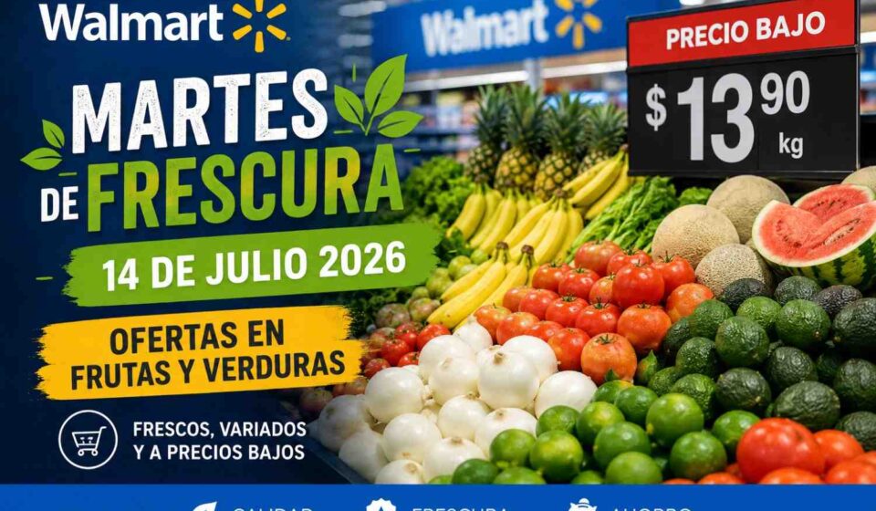 Fresh fruits and vegetables displayed during Walmart Mexico's Martes de Frescura promotion on July 14, 2026