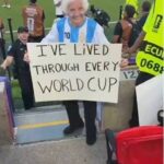 TikTok personality Gangster Granny holding a sign supporting Lionel Messi during a football match