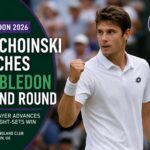 Jan Choinski celebrates after winning his first-round Wimbledon match in straight sets.