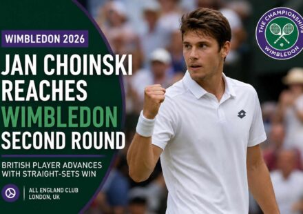 Jan Choinski celebrates after winning his first-round Wimbledon match in straight sets.