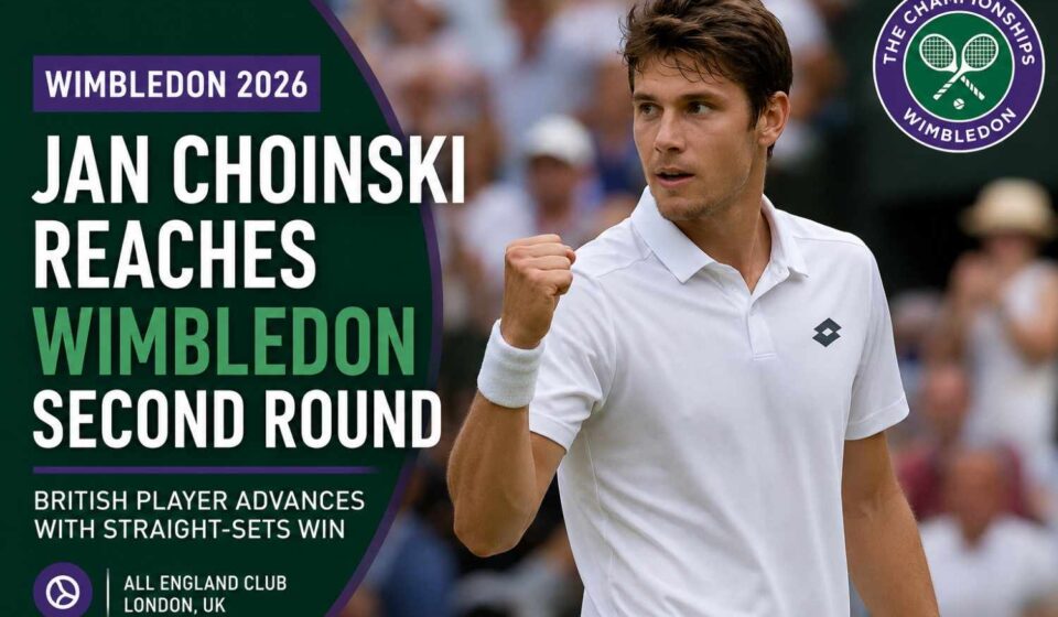 Jan Choinski celebrates after winning his first-round Wimbledon match in straight sets.