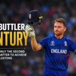 Jos Buttler celebrates after scoring a historic century for England in international cricket.