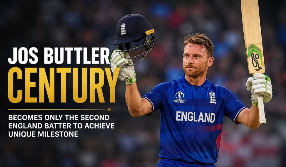 Jos Buttler celebrates after scoring a historic century for England in international cricket.
