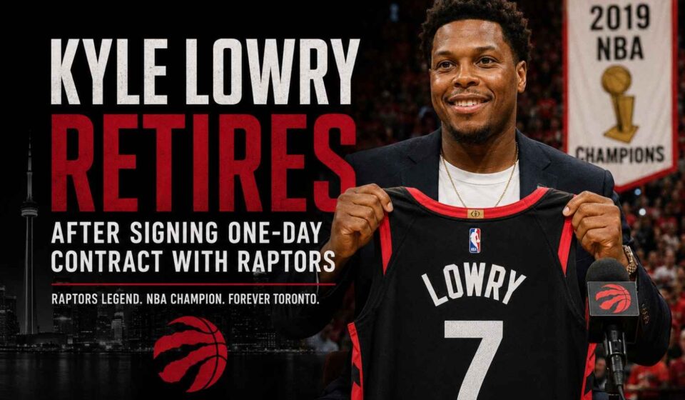 Kyle Lowry poses with a Toronto Raptors jersey after signing a one-day contract before announcing his retirement.