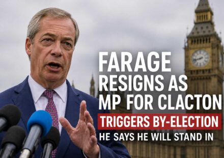 Nigel Farage speaking during a press conference after announcing his resignation as MP for Clacton.