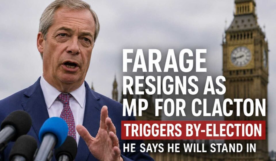 Nigel Farage speaking during a press conference after announcing his resignation as MP for Clacton.