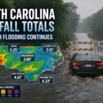 Map showing North Carolina rainfall totals as heavy rain triggers flash flooding across the state.