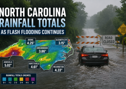Map showing North Carolina rainfall totals as heavy rain triggers flash flooding across the state.