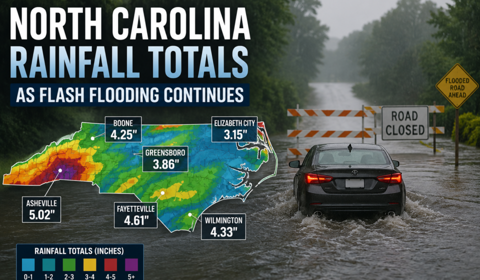 Map showing North Carolina rainfall totals as heavy rain triggers flash flooding across the state.