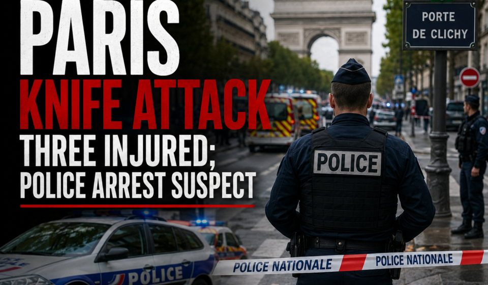 French police officers at the scene of the Paris knife attack near Porte de Clichy