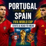 Portugal and Spain players competing during a FIFA World Cup match