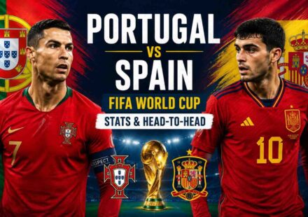 Portugal and Spain players competing during a FIFA World Cup match