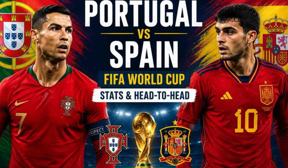 Portugal and Spain players competing during a FIFA World Cup match