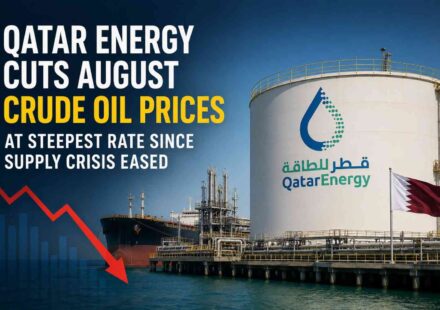 Qatar Energy facility with crude oil storage tanks following August official selling price cuts