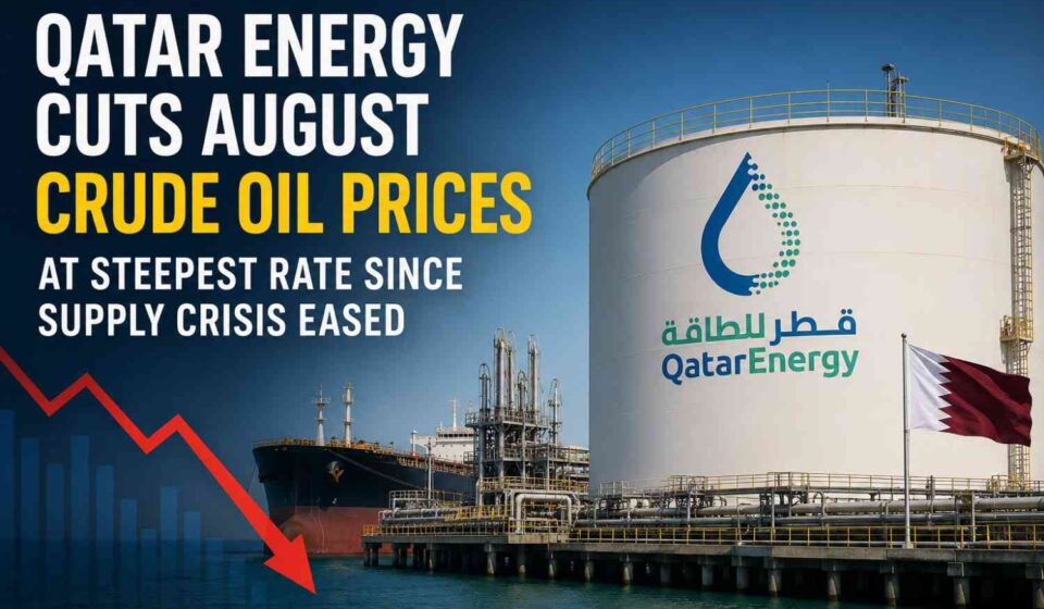 Qatar Energy facility with crude oil storage tanks following August official selling price cuts