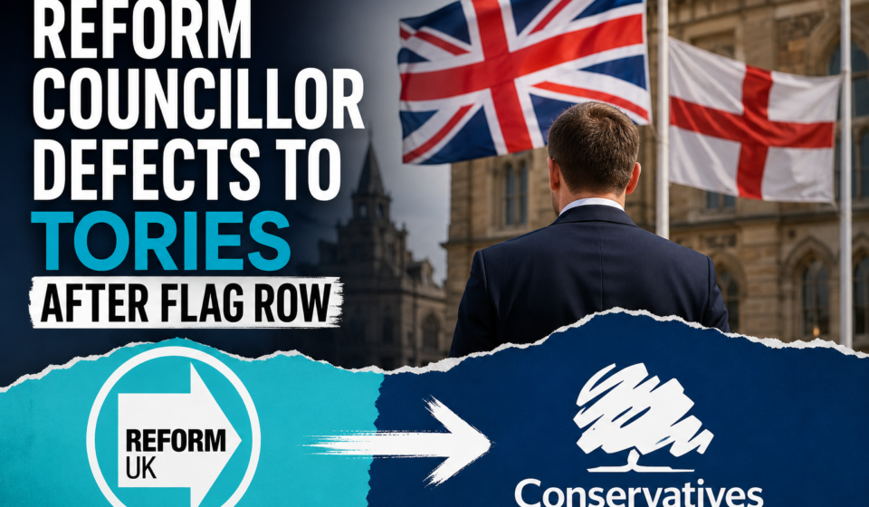 Reform UK councillor announcing defection to the Conservative Party following a flag controversy