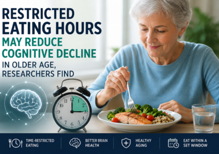 Older adult eating a healthy meal while following a restricted eating hours schedule to support brain health