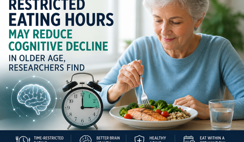 Older adult eating a healthy meal while following a restricted eating hours schedule to support brain health