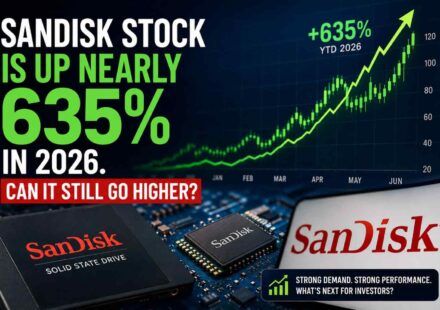 Chart showing Sandisk Stock rising sharply during 2026 with semiconductor market background