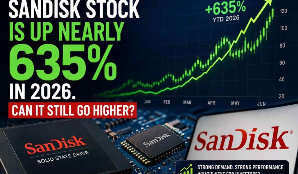 Chart showing Sandisk Stock rising sharply during 2026 with semiconductor market background