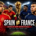 Spain and France players compete during a FIFA World Cup semifinal match.