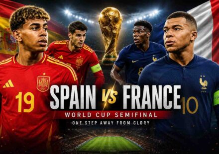 Spain and France players compete during a FIFA World Cup semifinal match.