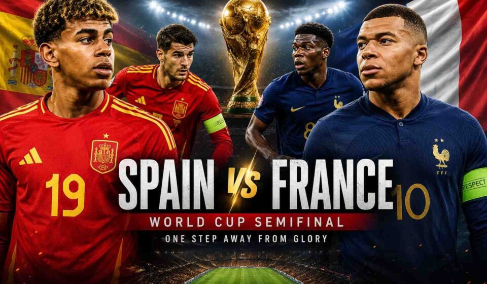 Spain and France players compete during a FIFA World Cup semifinal match.