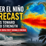 Map showing warming sea surface temperatures across the tropical Pacific during a Super El Niño Forecast.