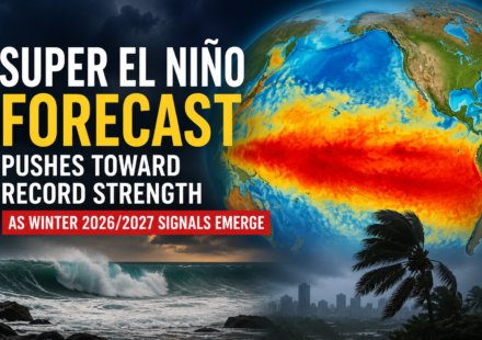 Map showing warming sea surface temperatures across the tropical Pacific during a Super El Niño Forecast.