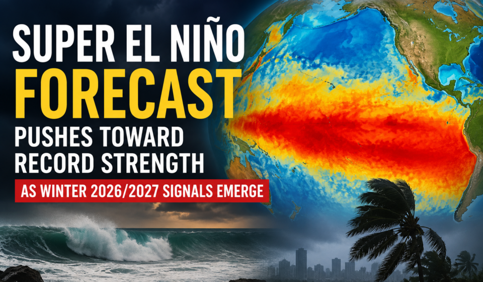 Map showing warming sea surface temperatures across the tropical Pacific during a Super El Niño Forecast.