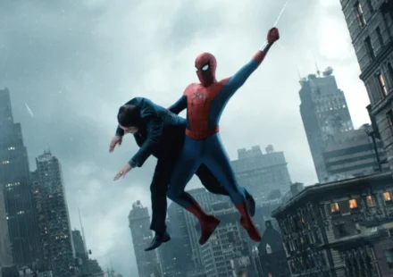 Tom Holland as Spider-Man in Spider-Man Brand New Day during a dramatic New York City action sequence