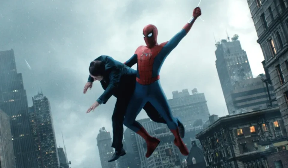 Tom Holland as Spider-Man in Spider-Man Brand New Day during a dramatic New York City action sequence