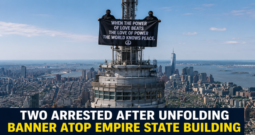 Empire State Building Climbers Arrested After Scaling NYC Landmark 1 Two masked individuals standing on the Empire State Building antenna while holding a large banner before being arrested.