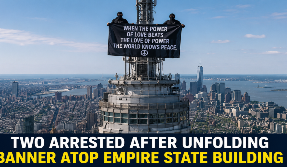 Two masked individuals standing on the Empire State Building antenna while holding a large banner before being arrested.
