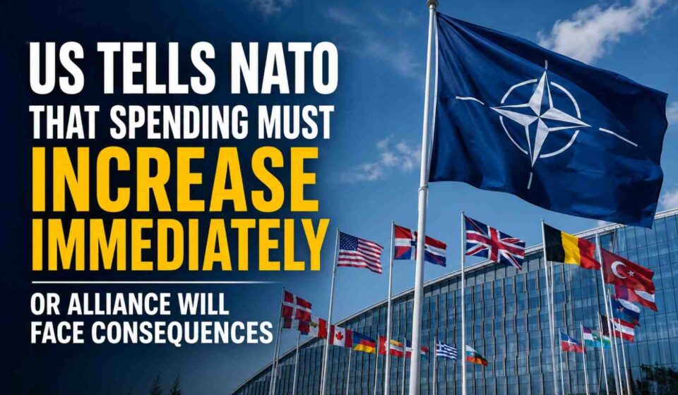 NATO flags outside alliance headquarters as the United States calls for higher defense spending by member countries.
