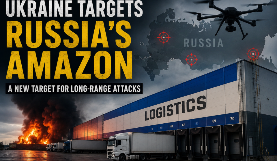 Large logistics warehouse in Russia representing infrastructure targeted by Ukraine's long-range attacks.