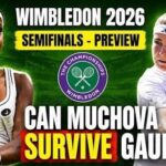 Coco Gauff serves during her Wimbledon semi-final against Karolina Muchova on Centre Court.