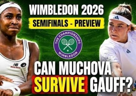 Coco Gauff serves during her Wimbledon semi-final against Karolina Muchova on Centre Court.