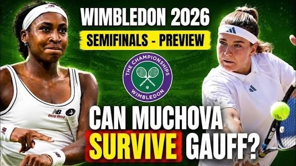 Coco Gauff serves during her Wimbledon semi-final against Karolina Muchova on Centre Court.